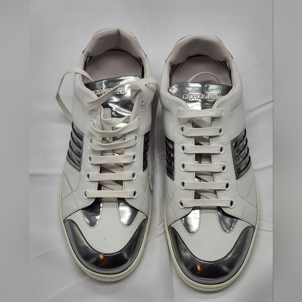 Giorgio Armani Silver & White Lace up Sneakers 6M/37.5 size